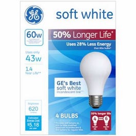 Soft White Halogen Bulb, Long Life, Medium Base, 43-Watts, 4-Pk.